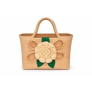 Vintage Woven Straw Handbag Mini Basket Purse Floral Applique Top Handle